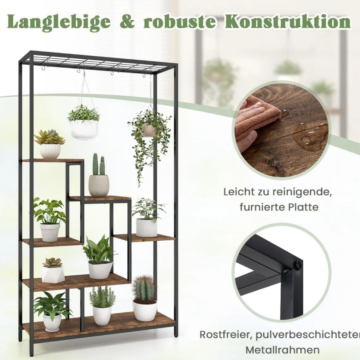 Pflanzenständer 6 Etagen 180 cm Pflanzenregal Metall mit 10 S-Haken Schwarz/Rustikales Braun