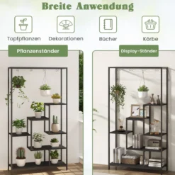 Pflanzenständer 6 Etagen 180 cm Pflanzenregal Metall mit 10 S-Haken Schwarz/Rustikales Braun