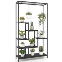 Pflanzenständer 6 Etagen 180 cm Pflanzenregal Metall mit 10 S-Haken Schwarz/Rustikales Braun