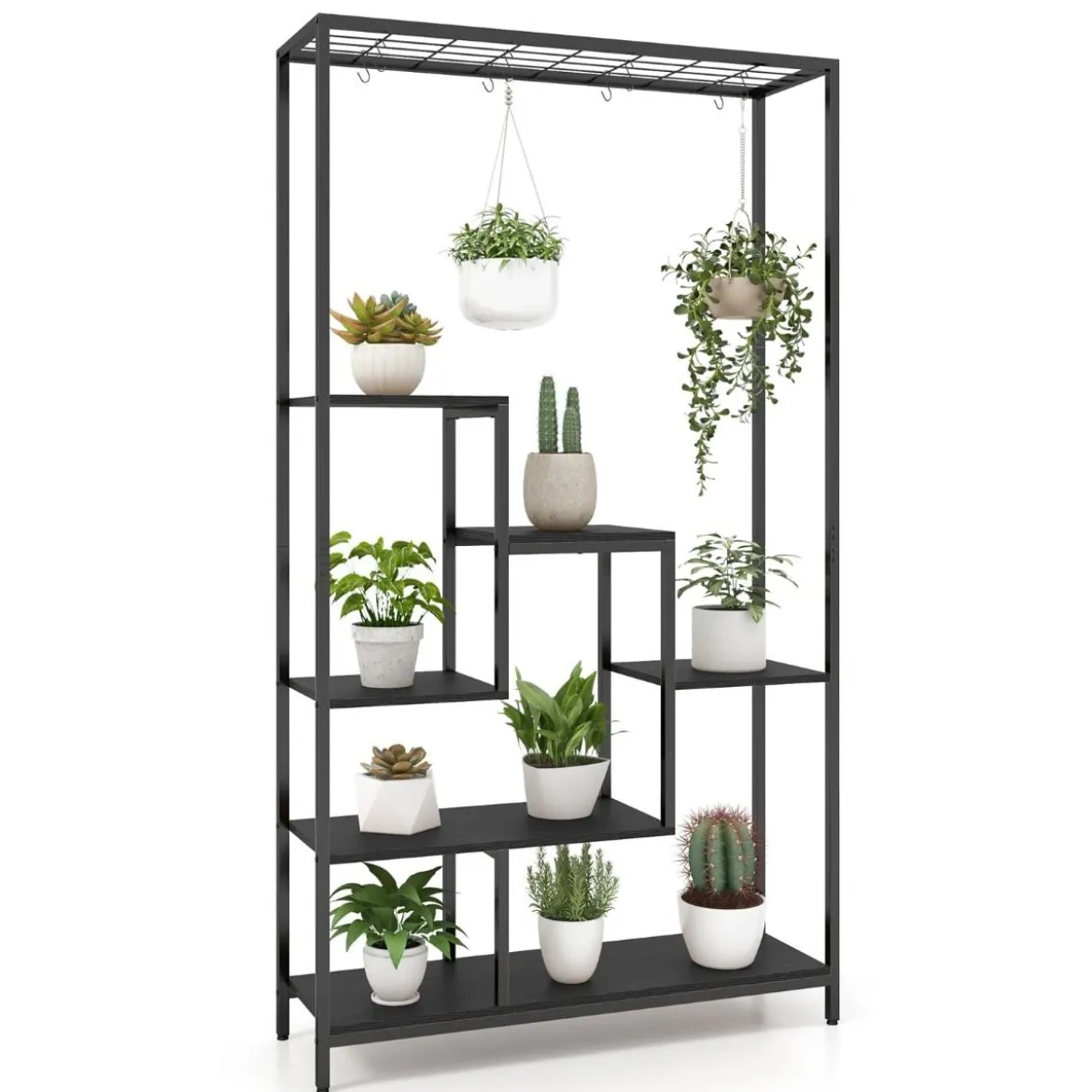 Pflanzenständer 6 Etagen 180 cm Pflanzenregal Metall mit 10 S-Haken Schwarz/Rustikales Braun