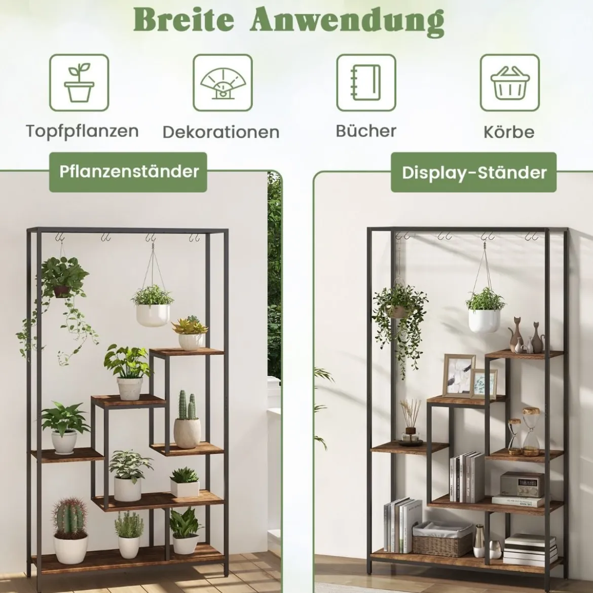 Pflanzenständer 6 Etagen 180 cm Pflanzenregal Metall mit 10 S-Haken Schwarz/Rustikales Braun