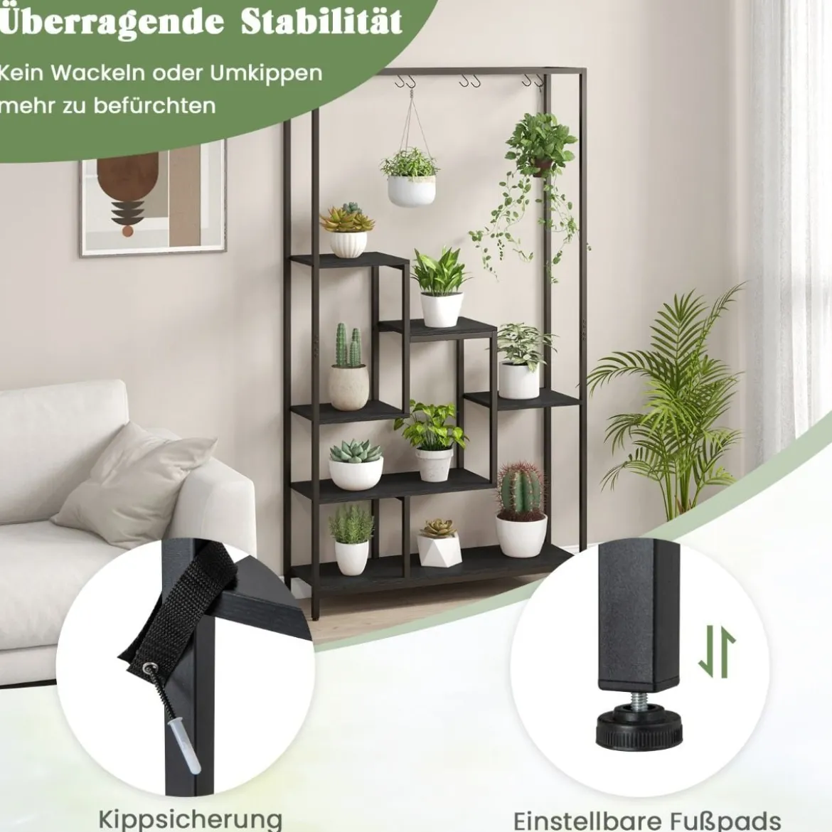 Pflanzenständer 6 Etagen 180 cm Pflanzenregal Metall mit 10 S-Haken Schwarz/Rustikales Braun