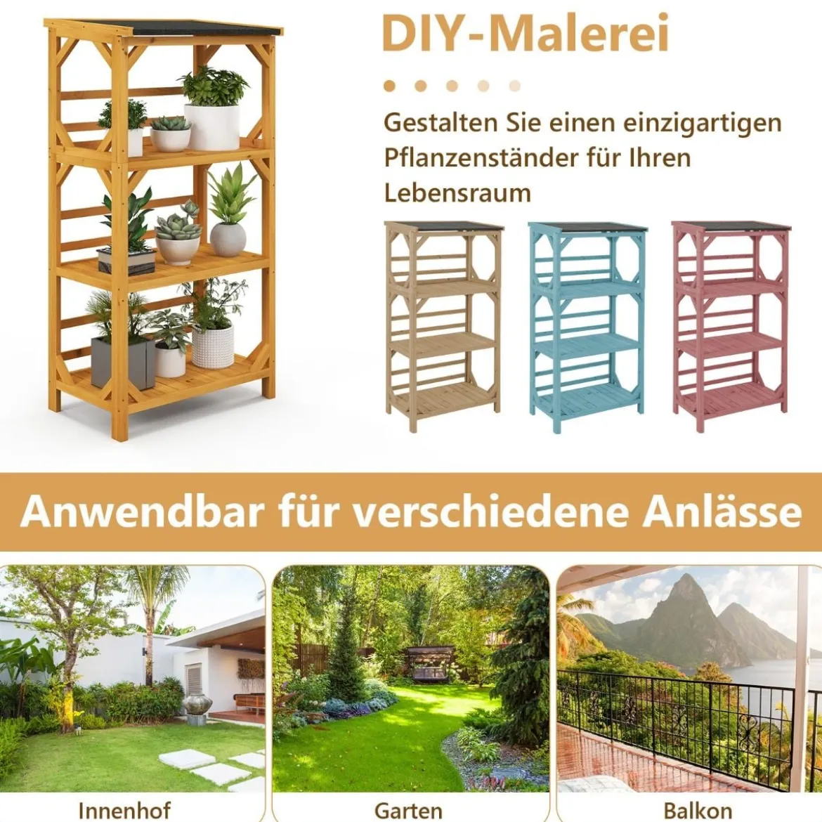 Pflanzenständer 3 Etagen Pflanzenregal Holz 70 x 49 x 137 cm Natur