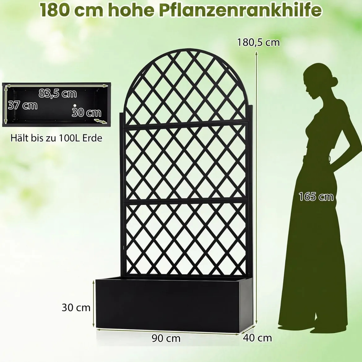 Pflanzkasten mit Rankgitter Sichtschutz mit Blumenkasten & Ablauflöchern aus Metall 90 x 40 x 180 cm Schwarz