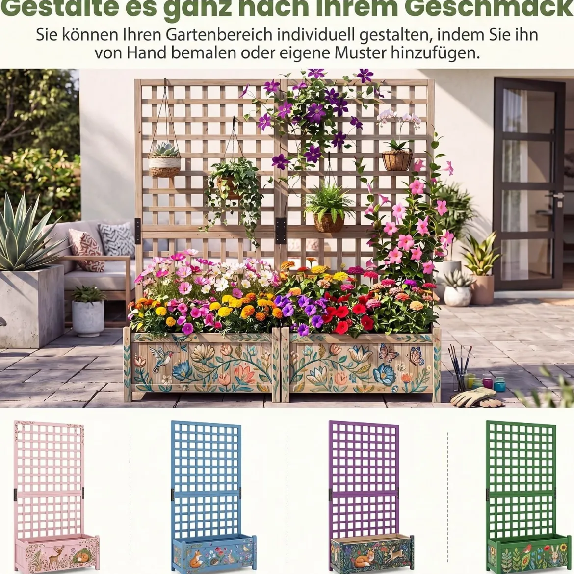 Pflanzkasten mit Rankgitter Hochbeet aus Massives Holz für Blumen & Kletterpflanzen Blumenbeet 76 x 32 x 143 cm