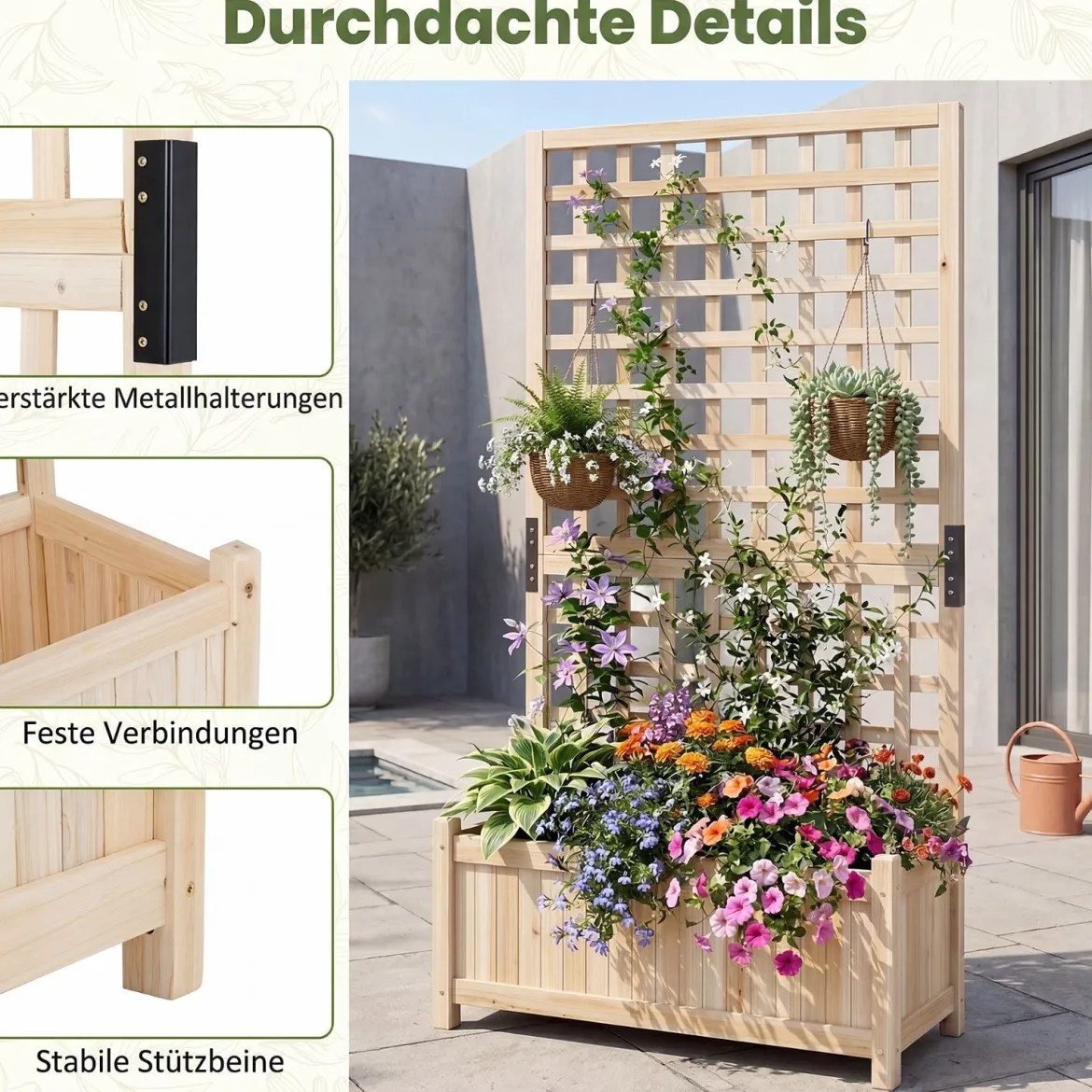 Pflanzkasten mit Rankgitter Hochbeet aus Massives Holz für Blumen & Kletterpflanzen Blumenbeet 76 x 32 x 143 cm