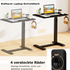 Pflegetisch mit versteckten Rollen höhenverstellbarer Betttisch mit Becherhalter & Haken Schwarz