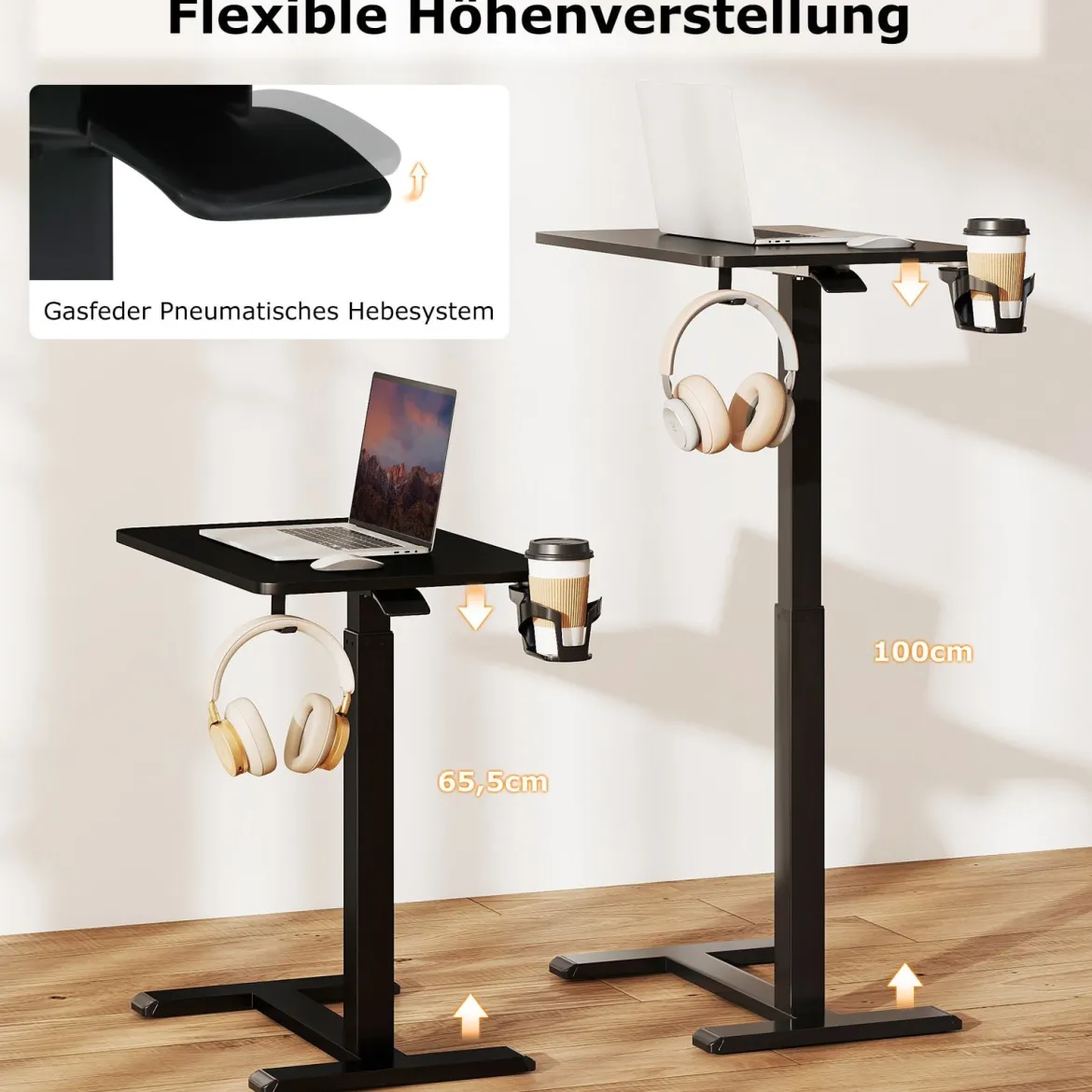Pflegetisch mit versteckten Rollen höhenverstellbarer Betttisch mit Becherhalter & Haken Schwarz