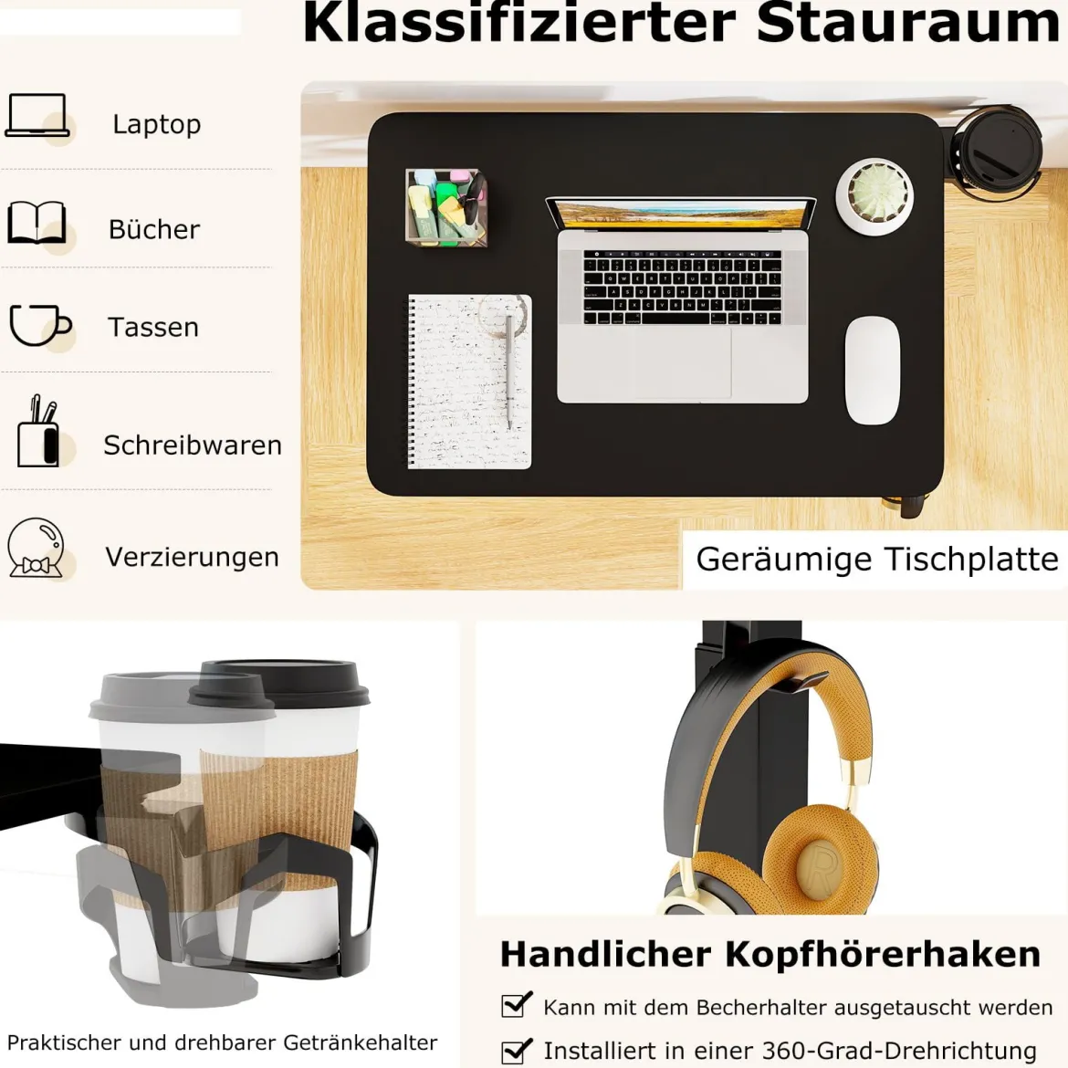 Pflegetisch mit versteckten Rollen höhenverstellbarer Betttisch mit Becherhalter & Haken Schwarz