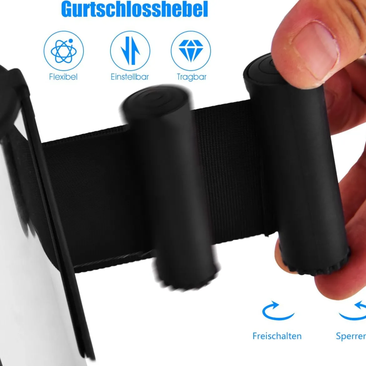6 Pfosten mit einziehbarem Gurt Edelstahl-Pfosten mit einziehbaren Gurten Silber + Schwarz