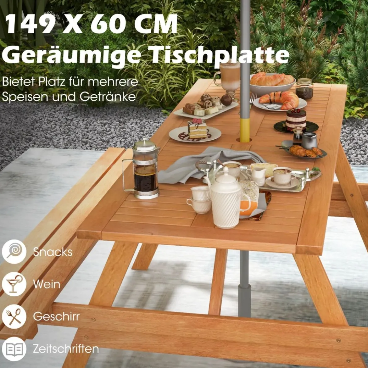 Picknicktisch für 6 Personen rechteckiger Gartentisch mit 2 integrierten Bänken und Schirmloch 150 x 139 x 75 cm Natur