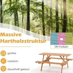 Picknicktisch für 6 Personen rechteckiger Gartentisch mit 2 integrierten Bänken und Schirmloch 150 x 139 x 75 cm Natur
