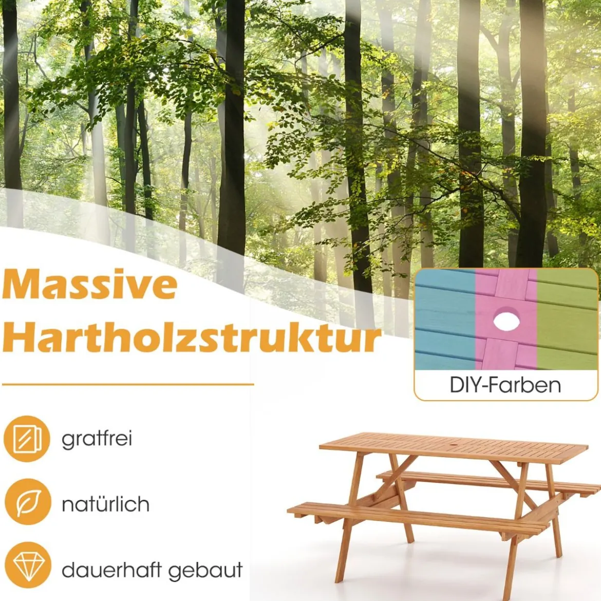 Picknicktisch für 6 Personen rechteckiger Gartentisch mit 2 integrierten Bänken und Schirmloch 150 x 139 x 75 cm Natur