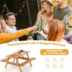 Picknicktisch für 6 Personen rechteckiger Gartentisch mit 2 integrierten Bänken und Schirmloch 150 x 139 x 75 cm Natur