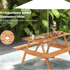 Picknicktisch für 6 Personen rechteckiger Gartentisch mit 2 integrierten Bänken und Schirmloch 150 x 139 x 75 cm Natur