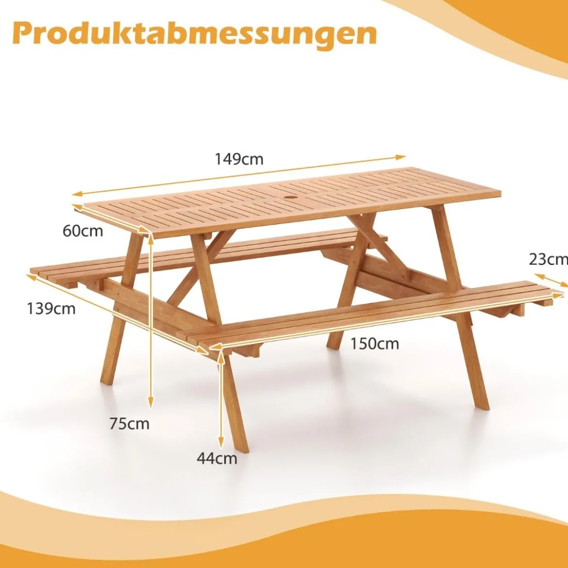 Picknicktisch für 6 Personen rechteckiger Gartentisch mit 2 integrierten Bänken und Schirmloch 150 x 139 x 75 cm Natur