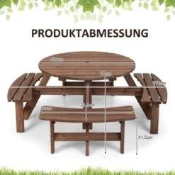 Picknicktisch-Set aus Holz für 8 Personen mit Schirmloch Braun