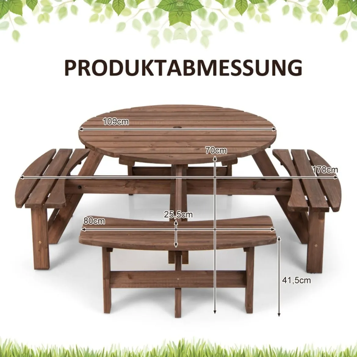 Picknicktisch-Set aus Holz für 8 Personen mit Schirmloch Braun