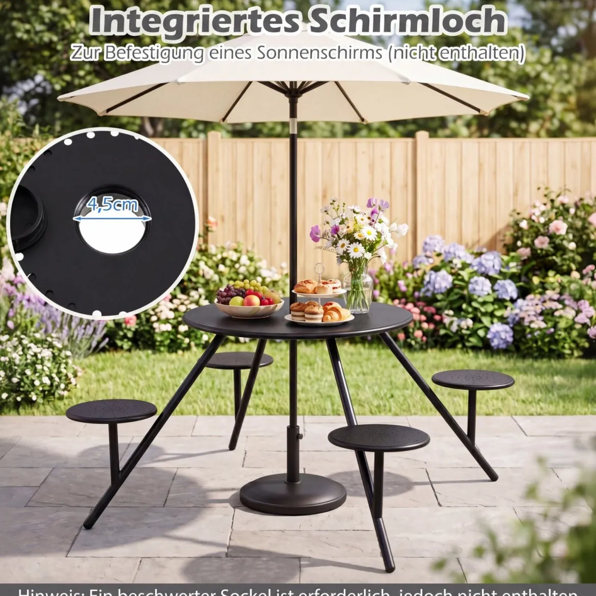 Picknicktisch Set für 4 Personen Runder Gartentisch aus Metall mit Schirmloch & 4 Stühlen Schwarz