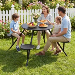 Picknicktisch Set für 4 Personen Runder Gartentisch aus Metall mit Schirmloch & 4 Stühlen Schwarz