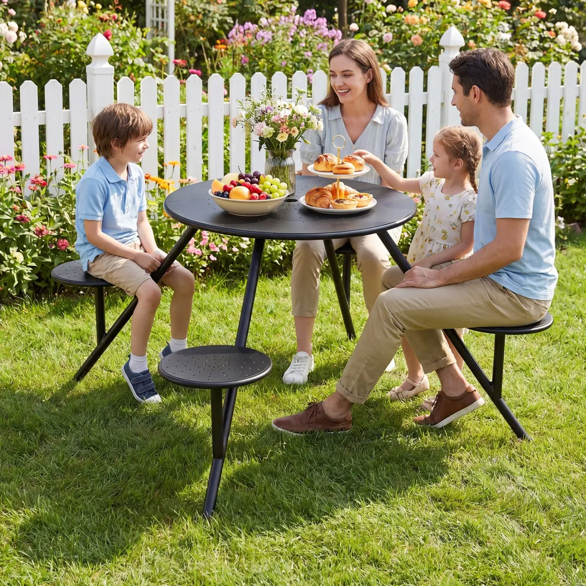 Picknicktisch Set für 4 Personen Runder Gartentisch aus Metall mit Schirmloch & 4 Stühlen Schwarz