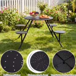 Picknicktisch Set für 4 Personen Runder Gartentisch aus Metall mit Schirmloch & 4 Stühlen Schwarz