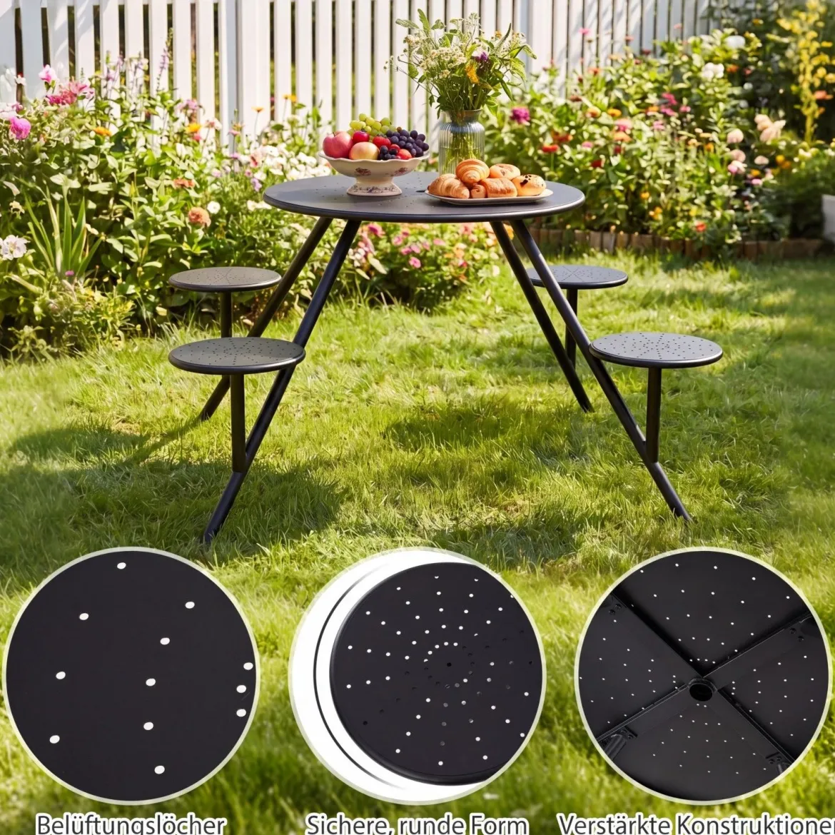Picknicktisch Set für 4 Personen Runder Gartentisch aus Metall mit Schirmloch & 4 Stühlen Schwarz