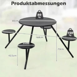 Picknicktisch Set für 4 Personen Runder Gartentisch aus Metall mit Schirmloch & 4 Stühlen Schwarz