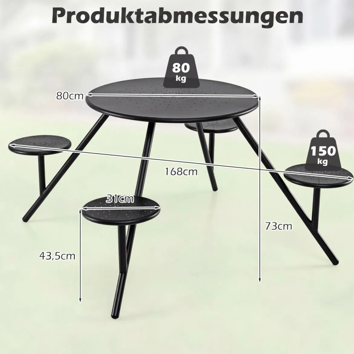 Picknicktisch Set für 4 Personen Runder Gartentisch aus Metall mit Schirmloch & 4 Stühlen Schwarz