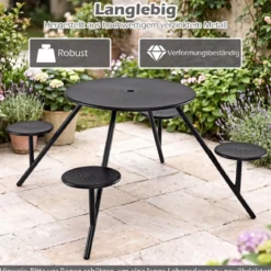Picknicktisch Set für 4 Personen Runder Gartentisch aus Metall mit Schirmloch & 4 Stühlen Schwarz