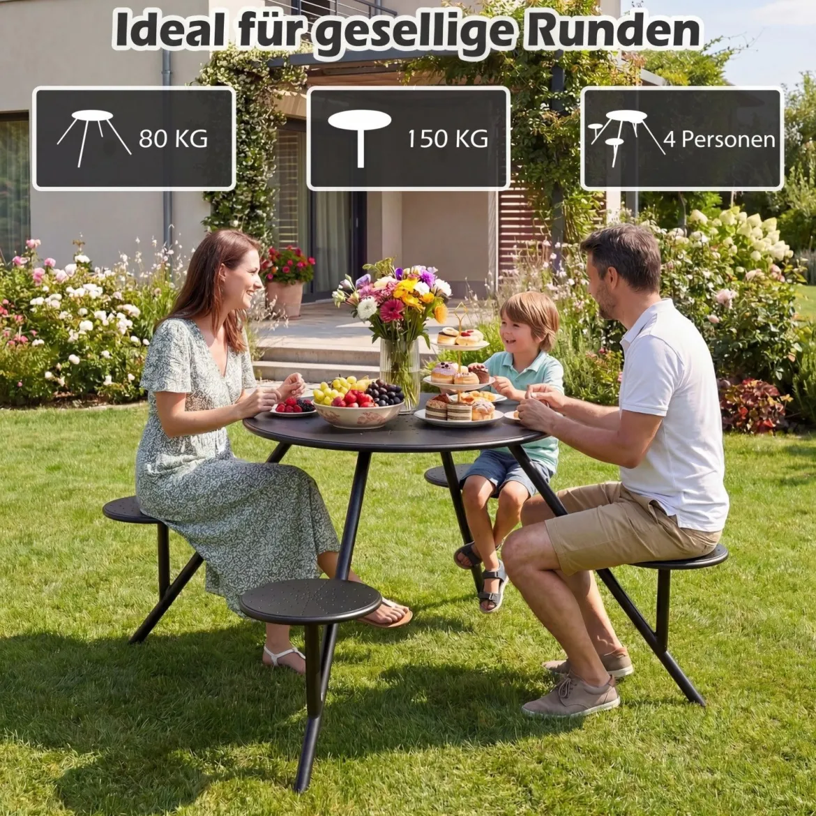 Picknicktisch Set für 4 Personen Runder Gartentisch aus Metall mit Schirmloch & 4 Stühlen Schwarz
