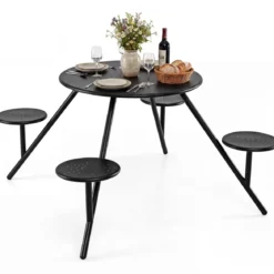 Picknicktisch Set für 4 Personen Runder Gartentisch aus Metall mit Schirmloch & 4 Stühlen Schwarz