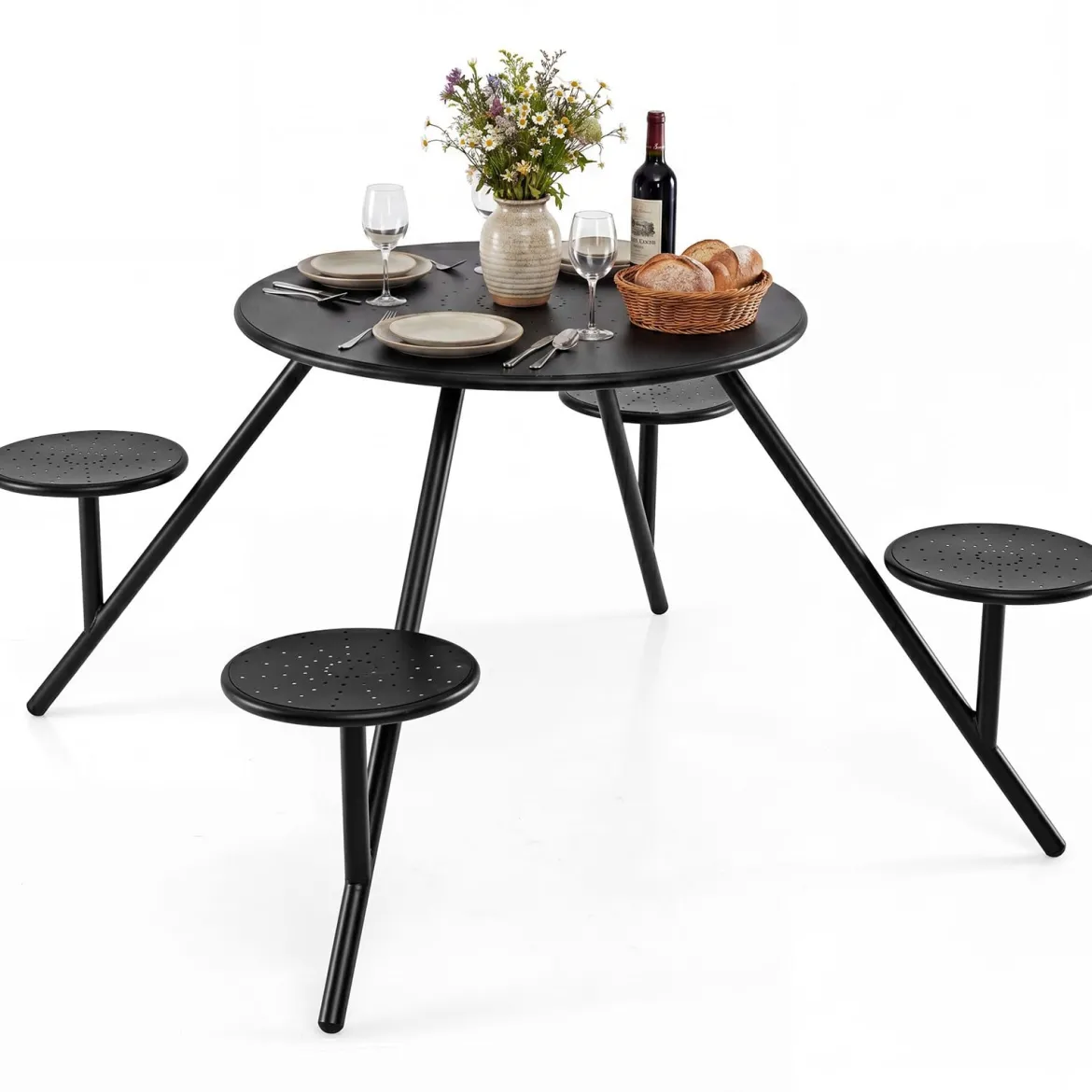 Picknicktisch Set für 4 Personen Runder Gartentisch aus Metall mit Schirmloch & 4 Stühlen Schwarz