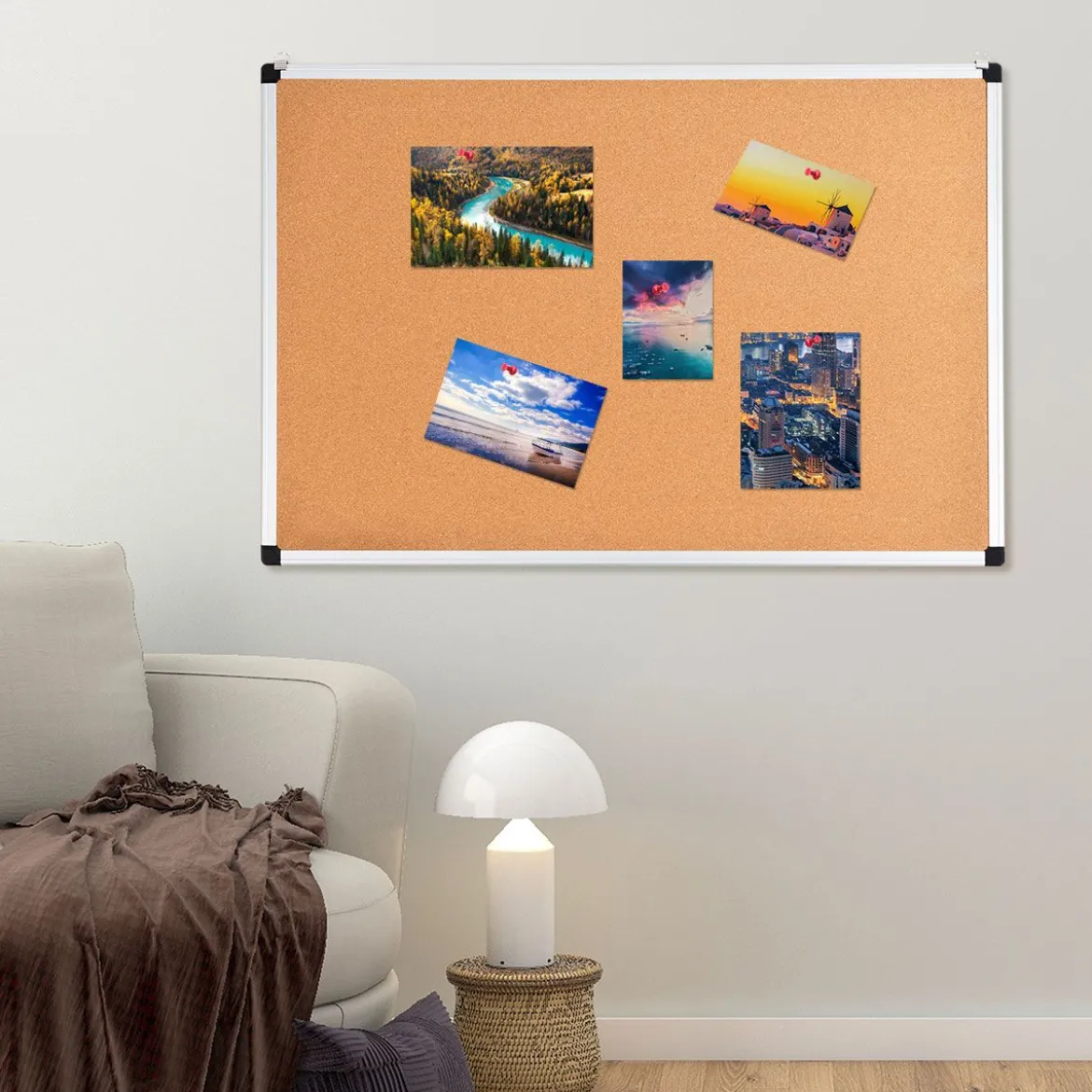 Pinnwand Korkwand Notizbrett Alu Korktafel Wandmontage mit 2 Aufhängehaken 60 x 90 cm