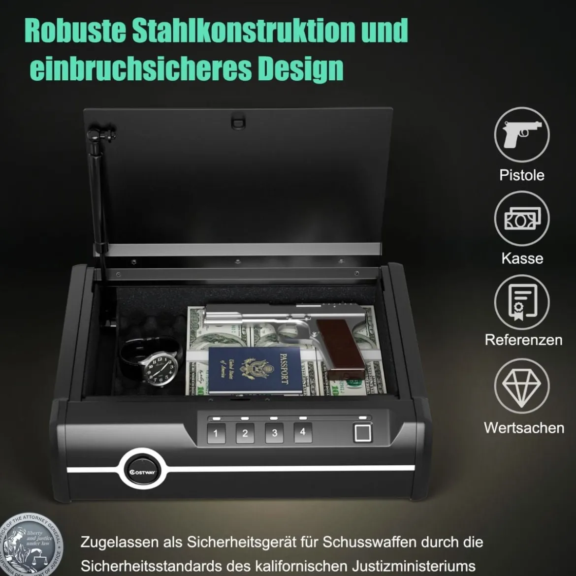 Pistolensafe Pistolensafe mit biometrischem Fingerabdrucks-Schloss & Passwort & Schlüssel Schwerer Stahl