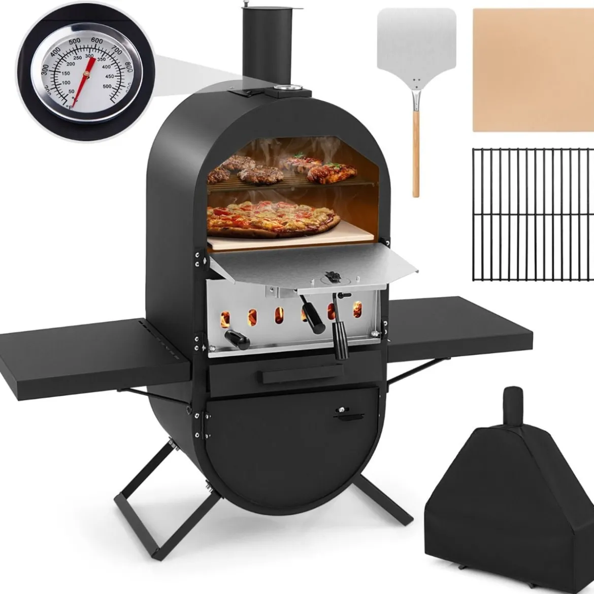 Pizzaofen Outdoor Pizzaofen mit Seitenablagen Grillrost aus Edelstahl Pizzaschaufel für Garten