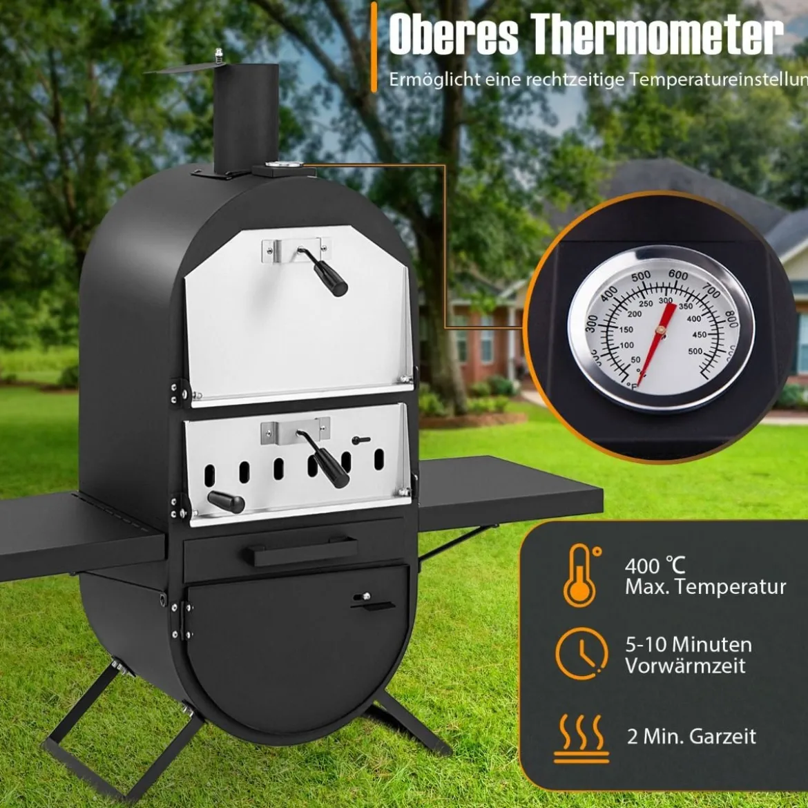 Pizzaofen Outdoor Pizzaofen mit Seitenablagen Grillrost aus Edelstahl Pizzaschaufel für Garten
