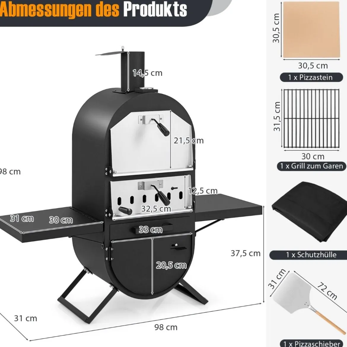 Pizzaofen Outdoor Pizzaofen mit Seitenablagen Grillrost aus Edelstahl Pizzaschaufel für Garten