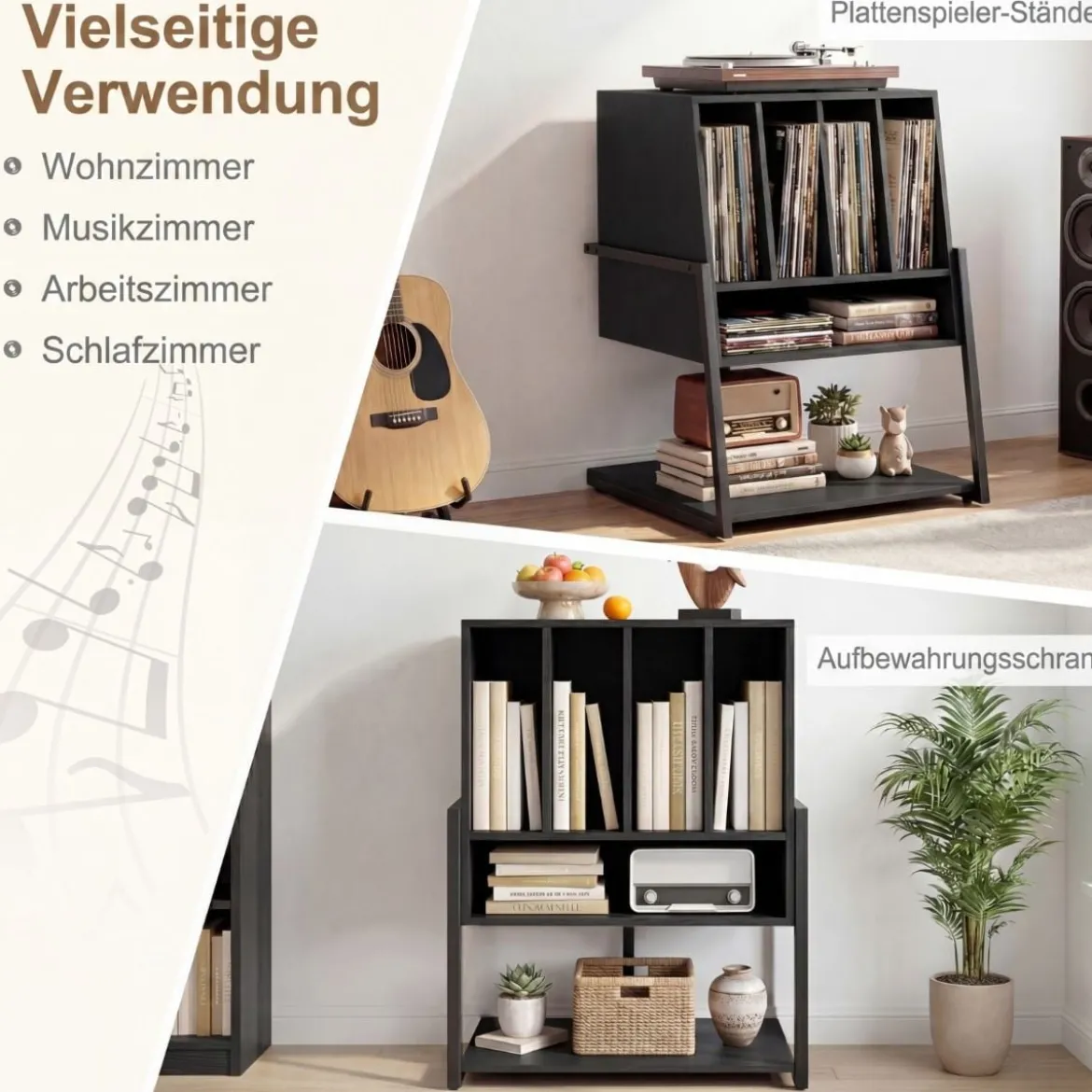 Plattenspielerständer mit Breite Tischplatte & 4 Trennwänden Vinyl Schallplattentisch Schwarz