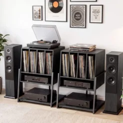 Plattenspielerständer mit Breite Tischplatte & 4 Trennwänden Vinyl Schallplattentisch Schwarz