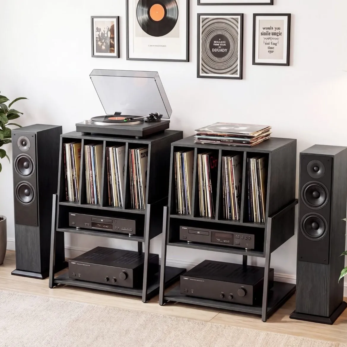 Plattenspielerständer mit Breite Tischplatte & 4 Trennwänden Vinyl Schallplattentisch Schwarz
