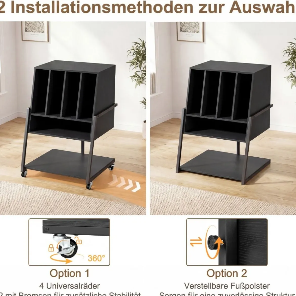 Plattenspielerständer mit Integrierter Ladestation & 4 Trennwänden Vinyl Schallplattentisch Schwarz