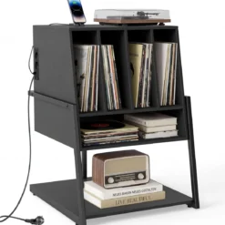 Plattenspielerständer mit Integrierter Ladestation & 4 Trennwänden Vinyl Schallplattentisch Schwarz