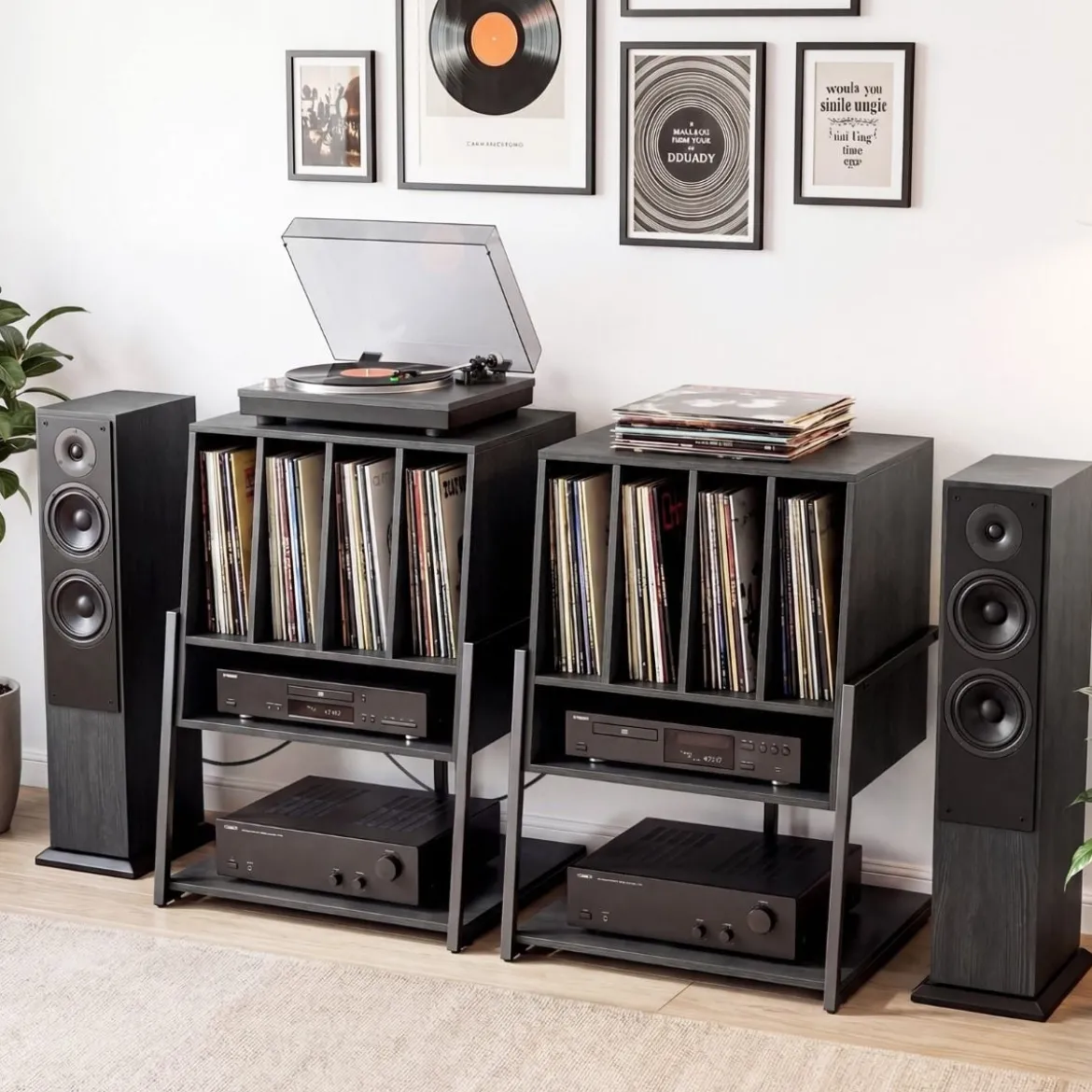 Plattenspielerständer mit Integrierter Ladestation & 4 Trennwänden Vinyl Schallplattentisch Schwarz