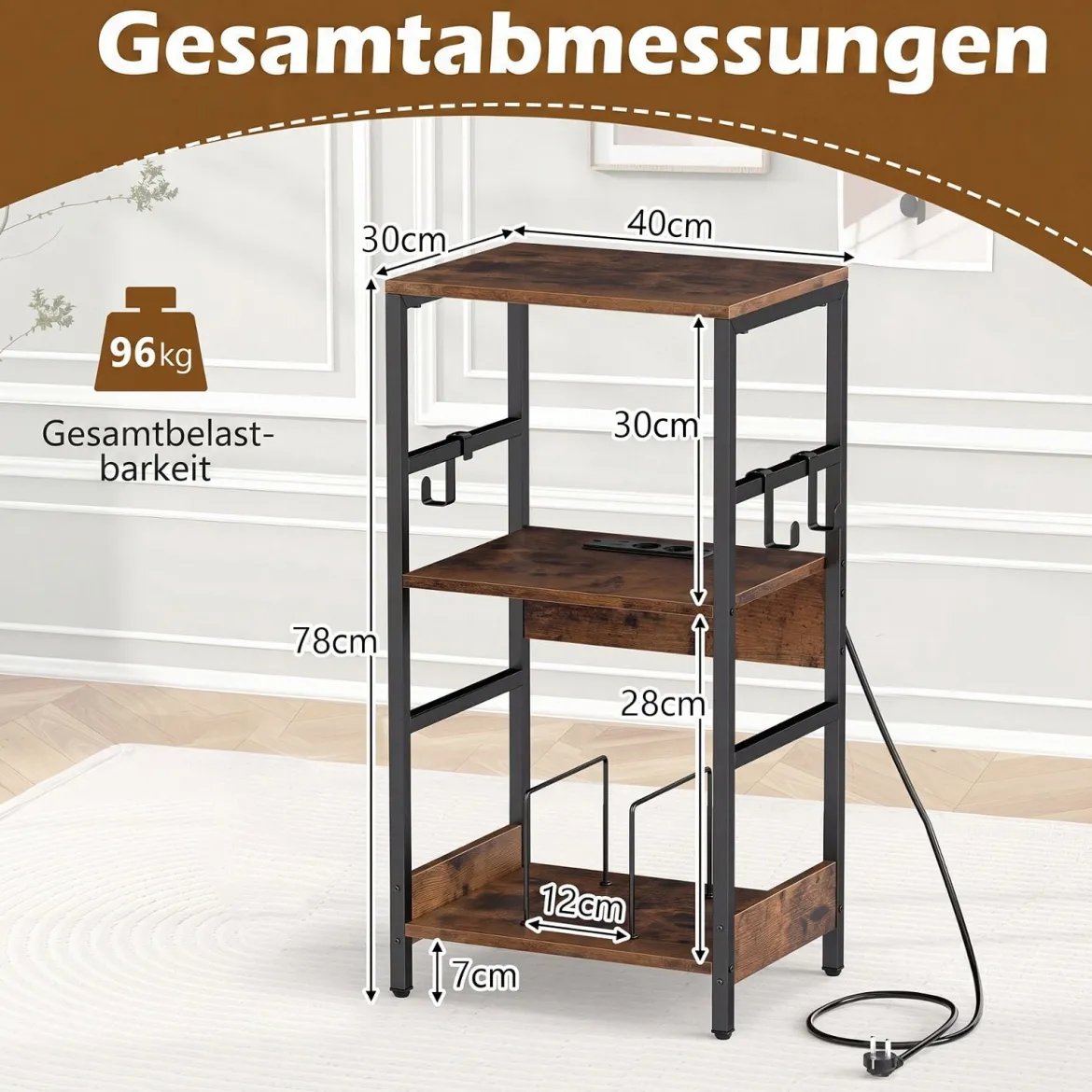 Plattenspieler-Ständer mit Ladestation Schallplattenregal mit 3 Haken und Aufbewahrungsfach für Schallplatten