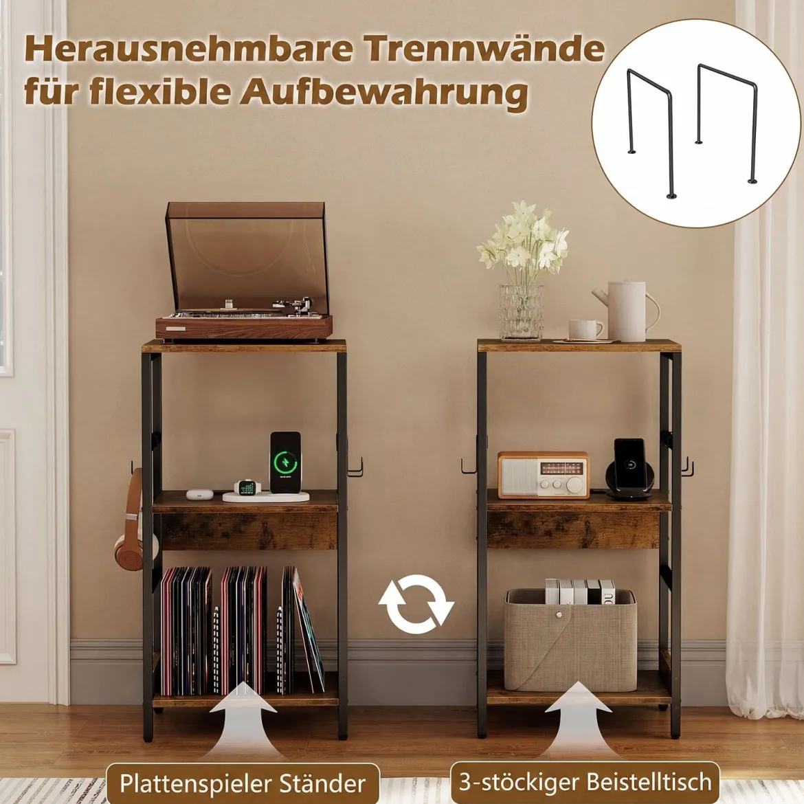 Plattenspieler-Ständer mit Ladestation Schallplattenregal mit 3 Haken und Aufbewahrungsfach für Schallplatten