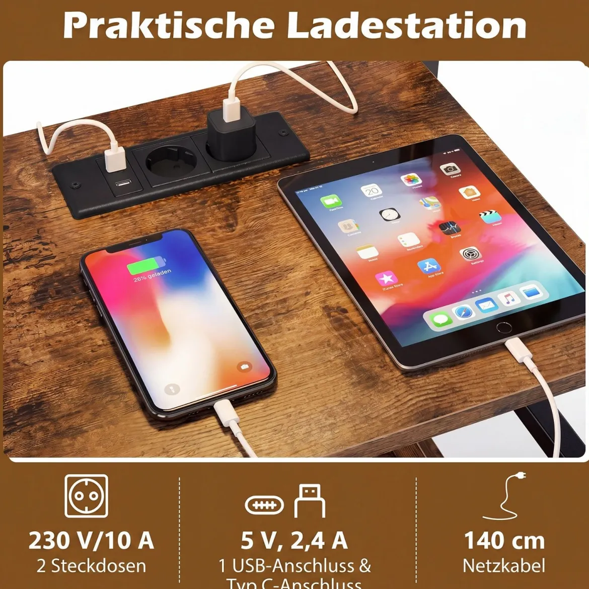 Plattenspieler-Ständer mit Ladestation Schallplattenregal mit 3 Haken und Aufbewahrungsfach für Schallplatten