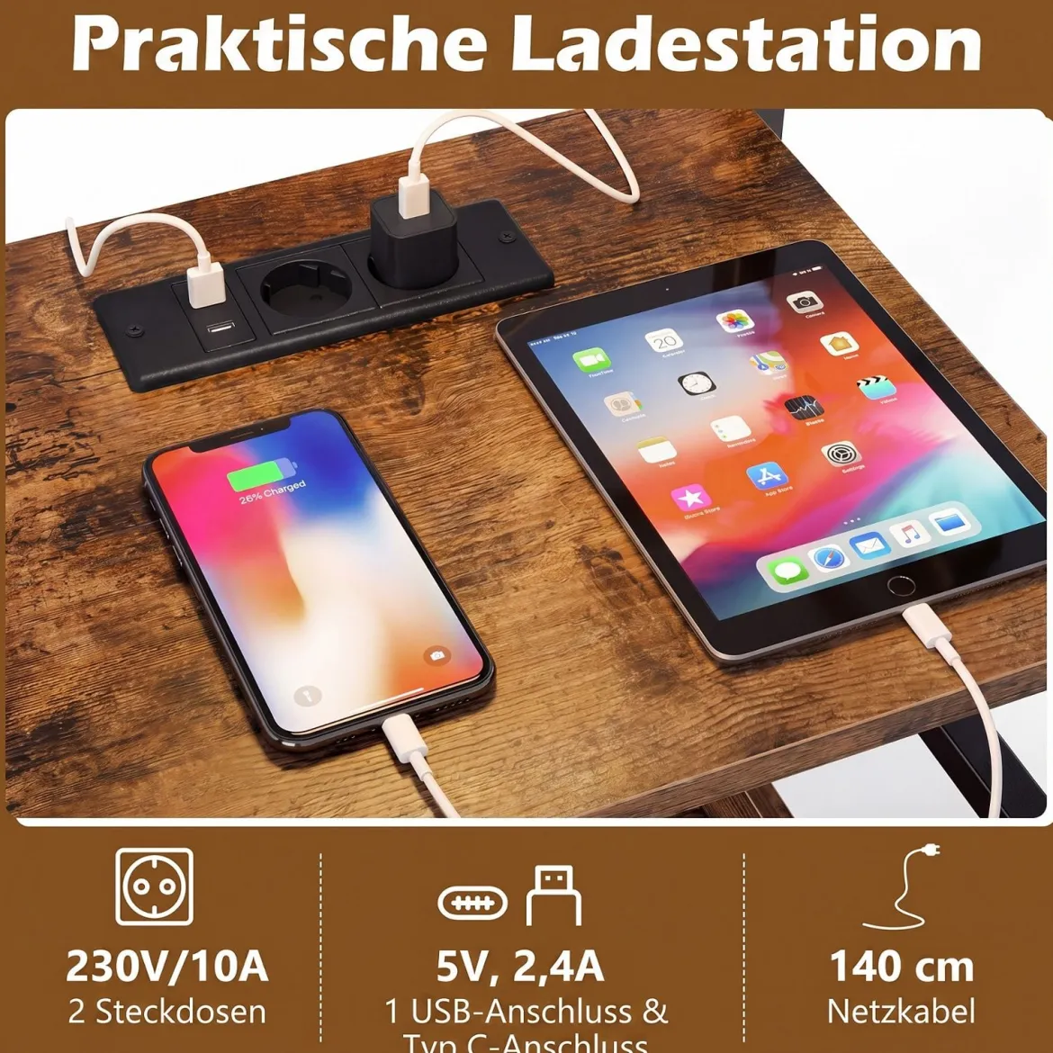 Plattenspieler-Ständer mit Ladestation Schallplattenregal mit 3 Haken und Aufbewahrungsfach für Schallplatten