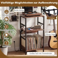 Plattenspieler-Ständer mit Ladestation Schallplattenregal mit 3 Haken und Aufbewahrungsfach für Schallplatten