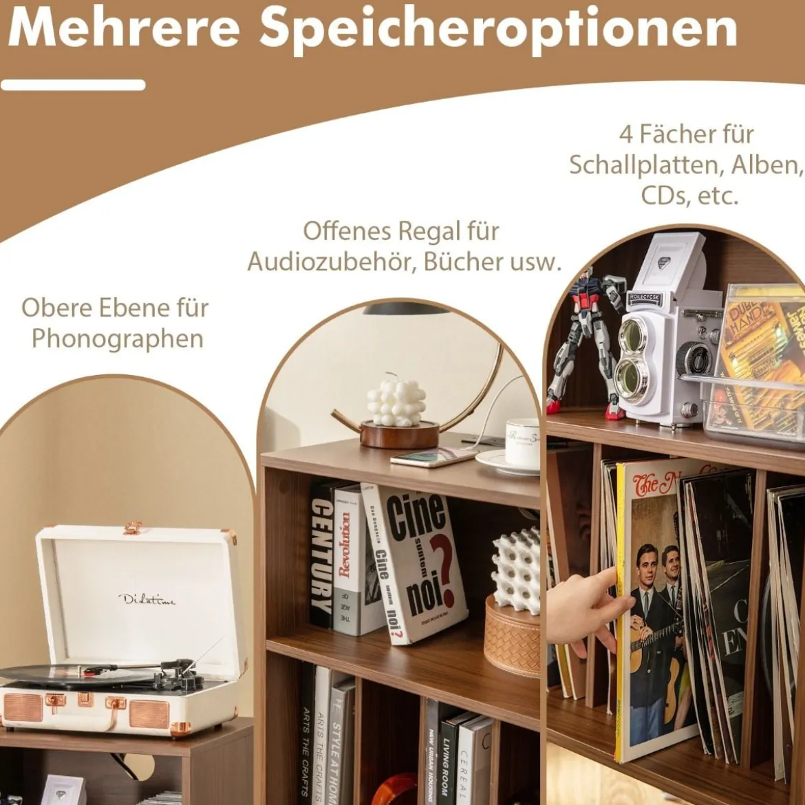 Plattenspieler-Ständer mit Ladestation 3-stufiger Schallplattenständer 48 x 40 x 88 cm